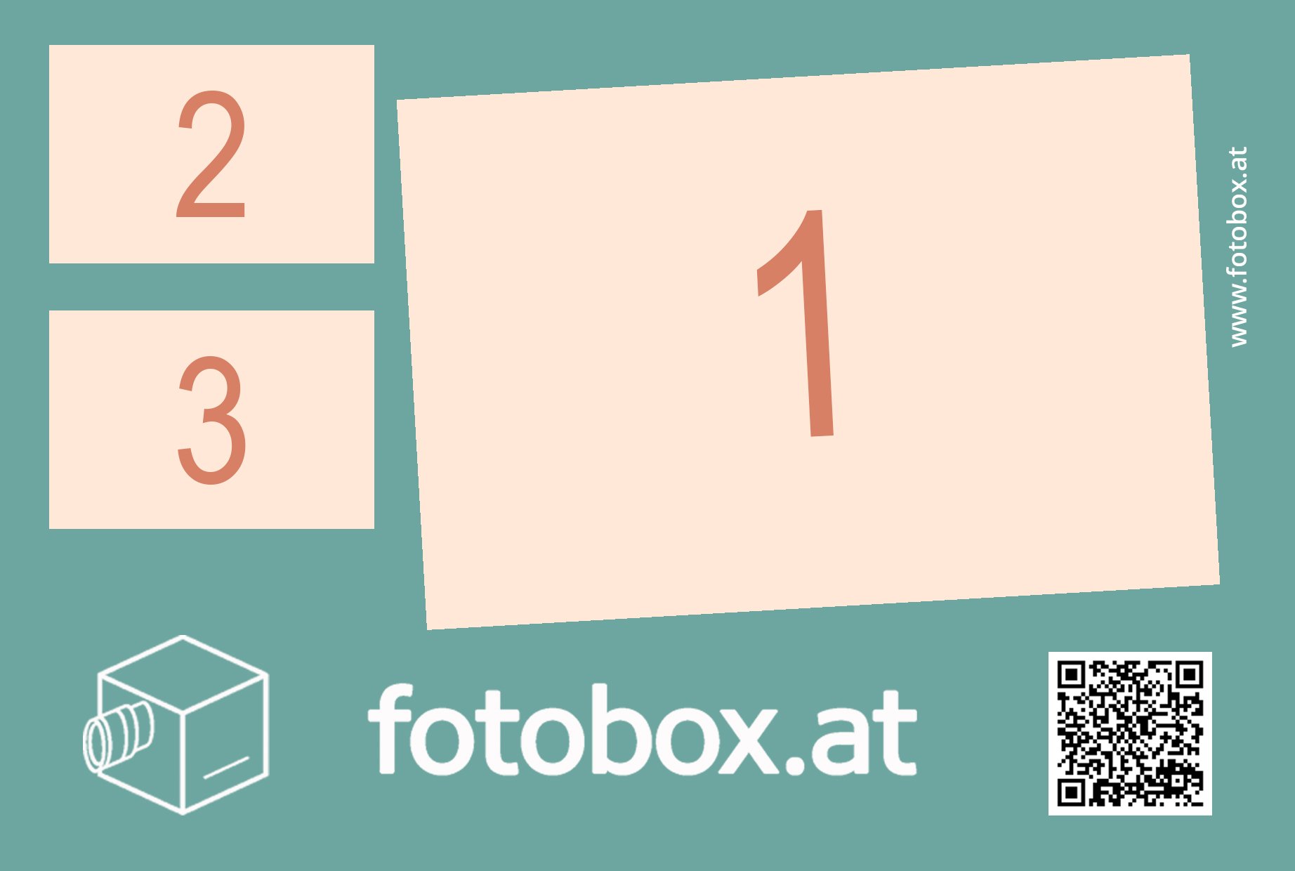 Fotolayout mit 3 Fotos. Einem großen und zwei kleinen mit Platz für Firmenlogo und QR Code und eventuell einem Slogan